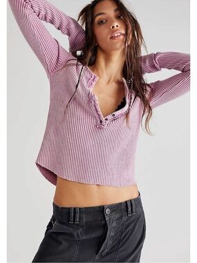 Free People FP One Colt Thermal in Bubble Tea Lavender Henley Plunge Grunge XS